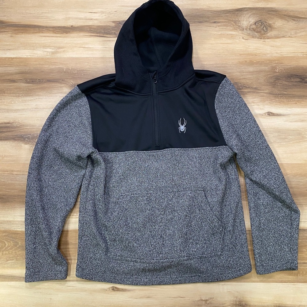 Spyder Quarter Zip Hoodie Large Mens Fleece Pullover Polyester Gray Black L